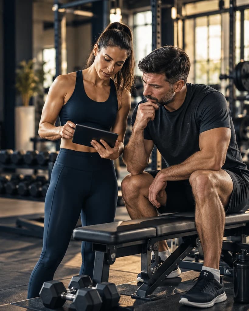 Personal trainer and client reviewing a workout plan on a tablet at the gym.