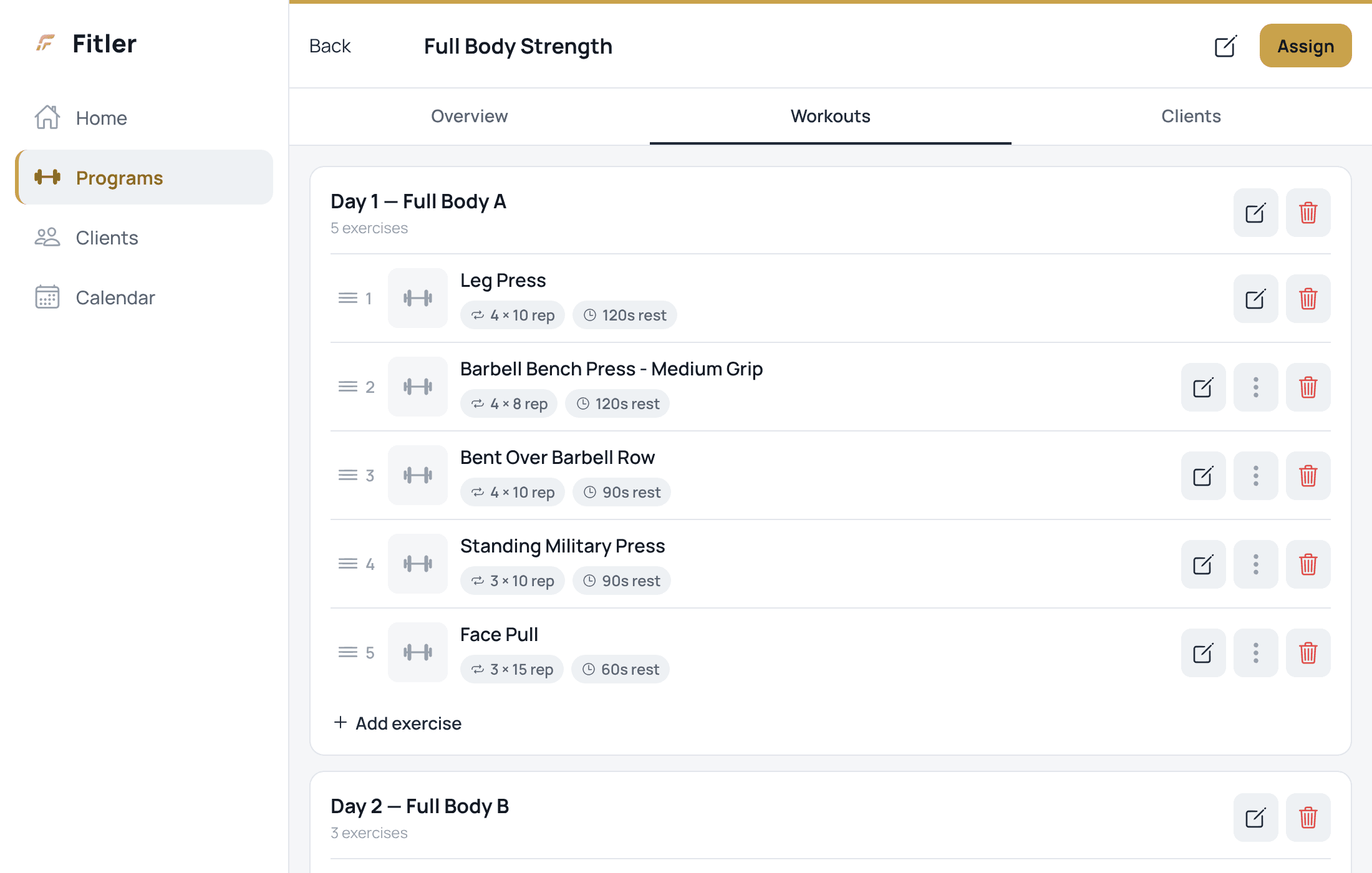 Fitler web app: a workout program with its days and exercises